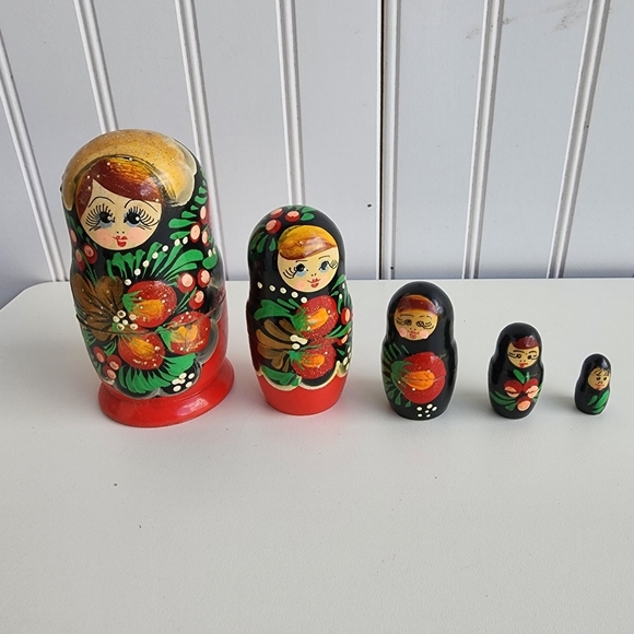 Set Of 5 Russian Matryoshka Wooden Floral Hand Painted Nesting Dolls 4" - Picture 1 of 8